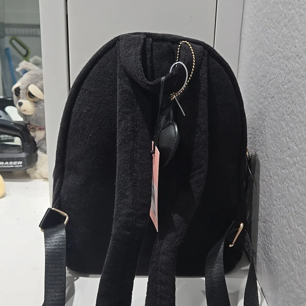 Juicy Couture Black Mini Backpack with Pink-to-Gold Rhinestone Logo